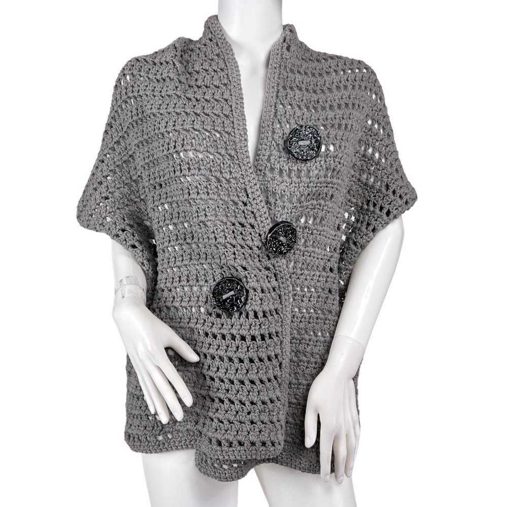Hand Knit Gray Cotton Sweater Shawl Textured Ceramic Buttons Womens One Size New